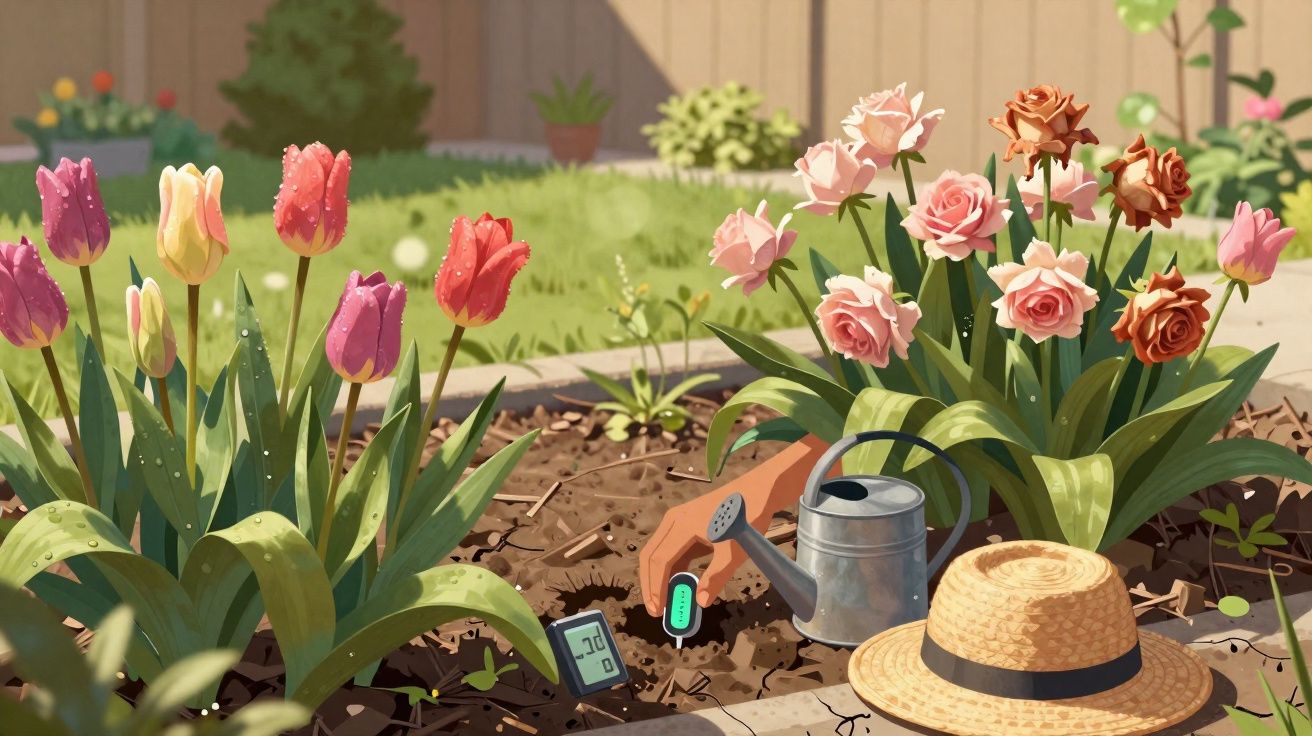Jardim com tulipas e rosas regados ao sol, regador, chapéu de palha e medidor de umidade no solo.