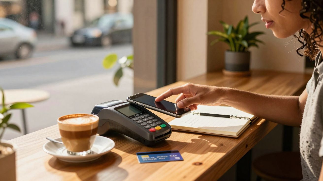 Pessoa usando celular para pagar em maquininha de cartão em mesa de cafeteria com café e caderno.