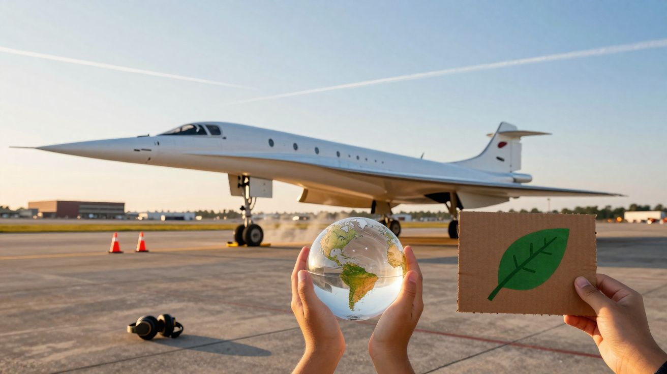 Mãos segurando globo terrestre e cartão com folha verde em frente a um avião branco estacionado.