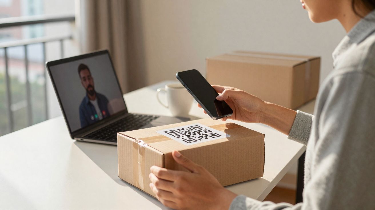 Pessoa escaneando código QR em caixa de papelão com celular durante vídeo chamada no notebook.