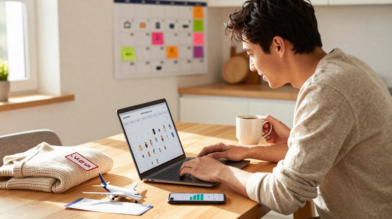 Homem usando laptop e segurando caneca em mesa de madeira com celular, avião de brinquedo e roupas dobradas.