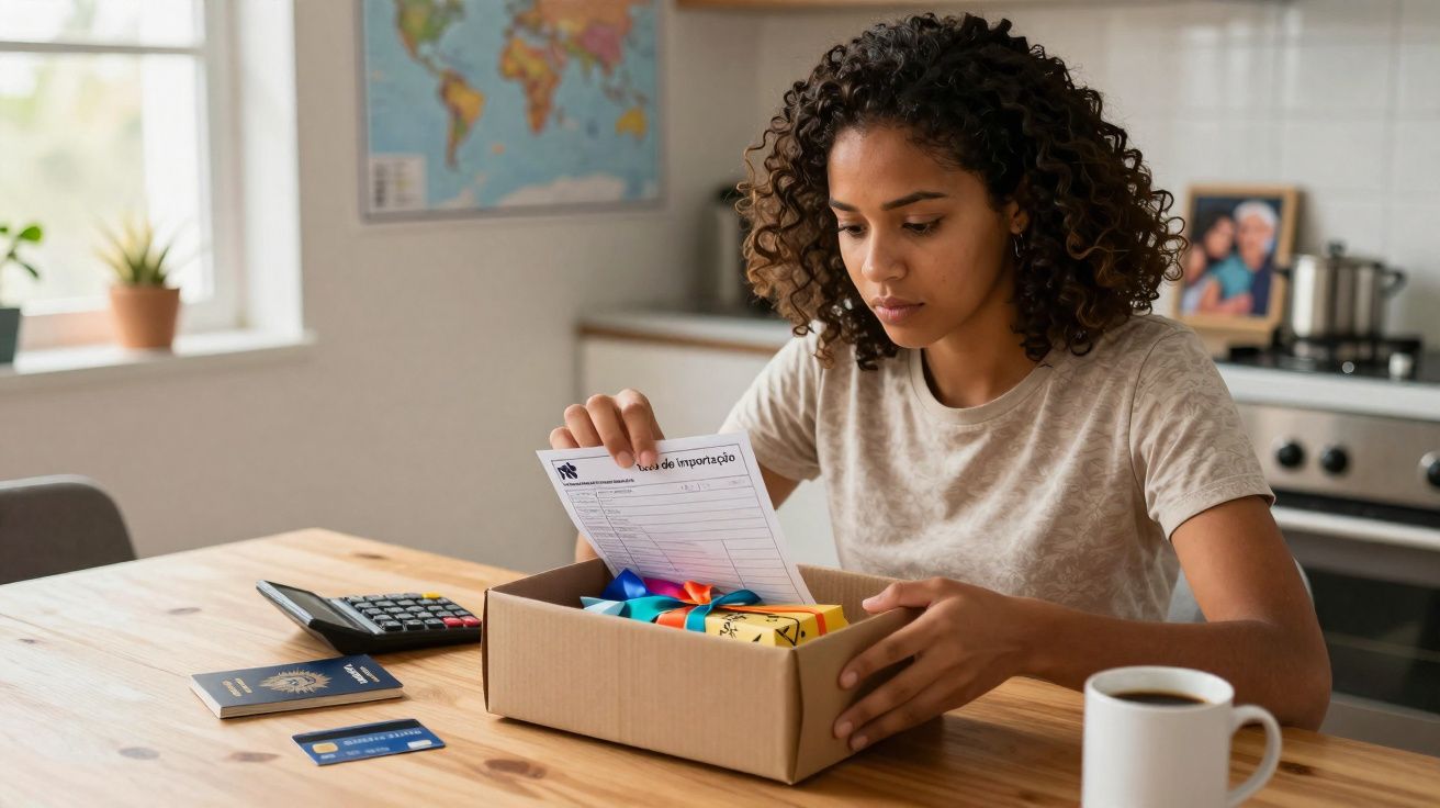 Mulher analisando documento de importação ao abrir caixa de presente colorida em cozinha.