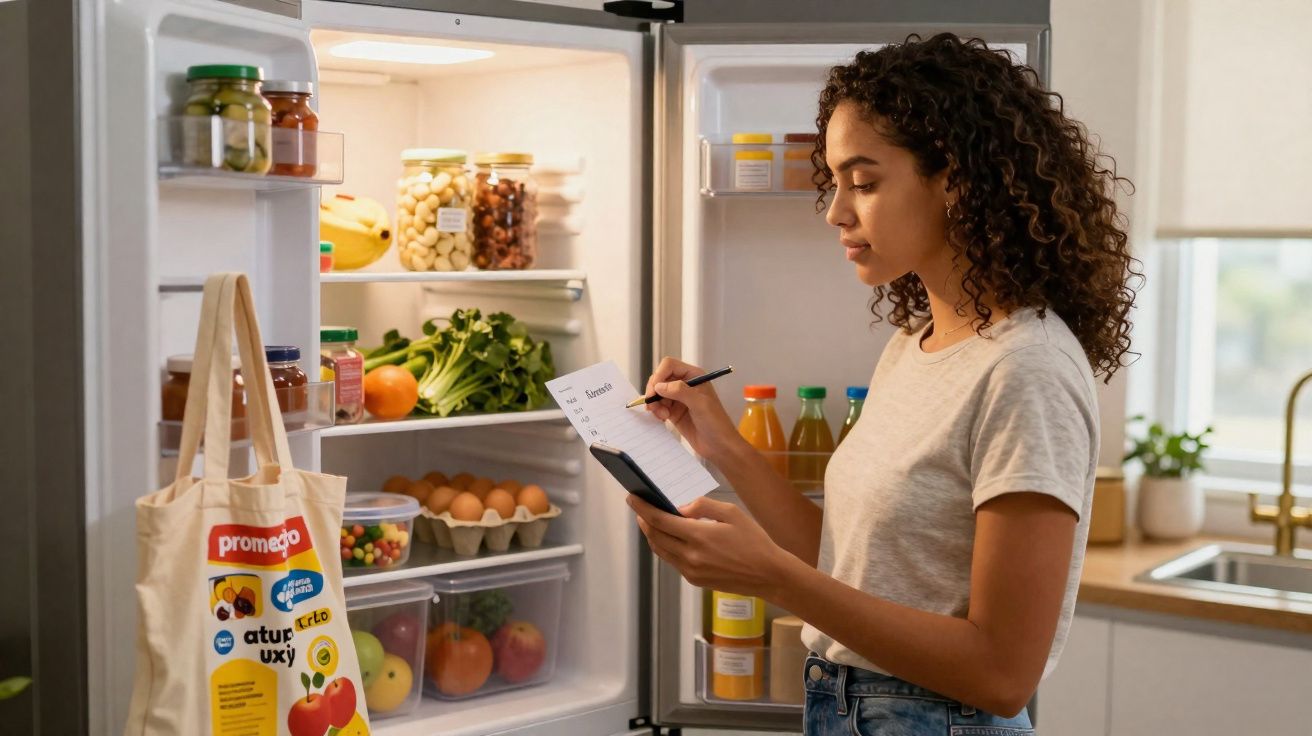 Mulher ao lado da geladeira aberta fazendo lista de compras em papel e celular na cozinha.