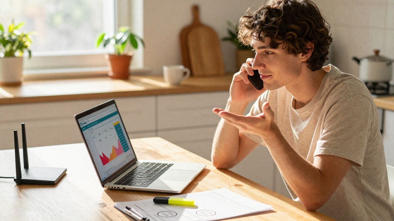 Jovem em mesa de madeira faz ligação enquanto analisa gráficos em laptop na cozinha iluminada.