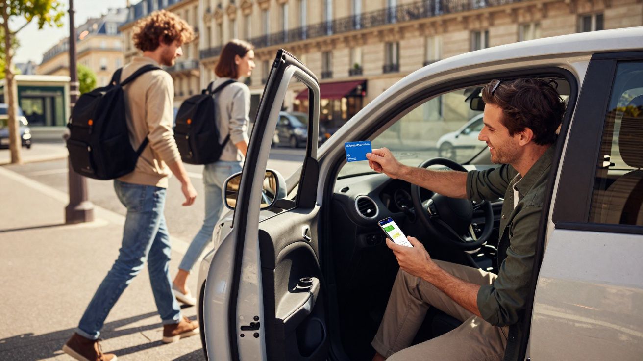 Homem sorridente no carro oferecendo cartão para duas pessoas caminhando na calçada urbana.