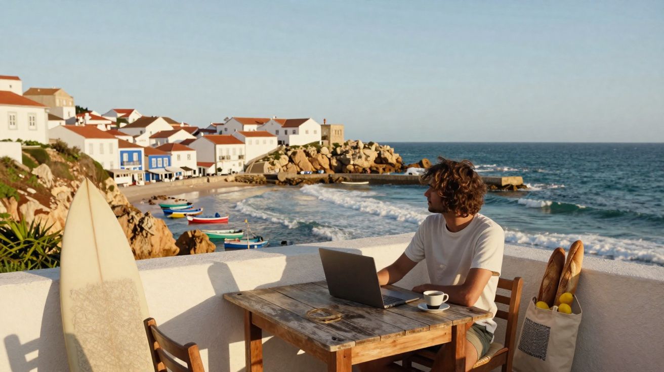 Homem sentado em mesa com laptop na varanda com vista para praia, barcos e casas brancas ao fundo.