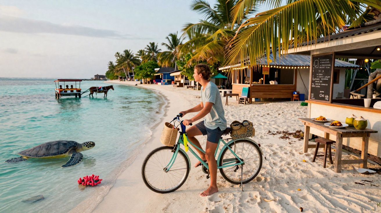 Homem de bicicleta observa tartaruga marinha próxima à praia com coqueiros e barracas ao fundo.
