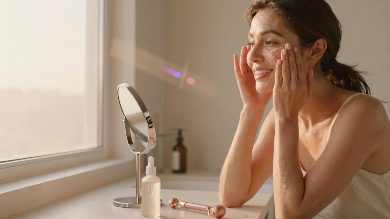 Mulher aplicando creme no rosto sentada à mesa com espelho e produtos de skincare próximo à janela iluminada.