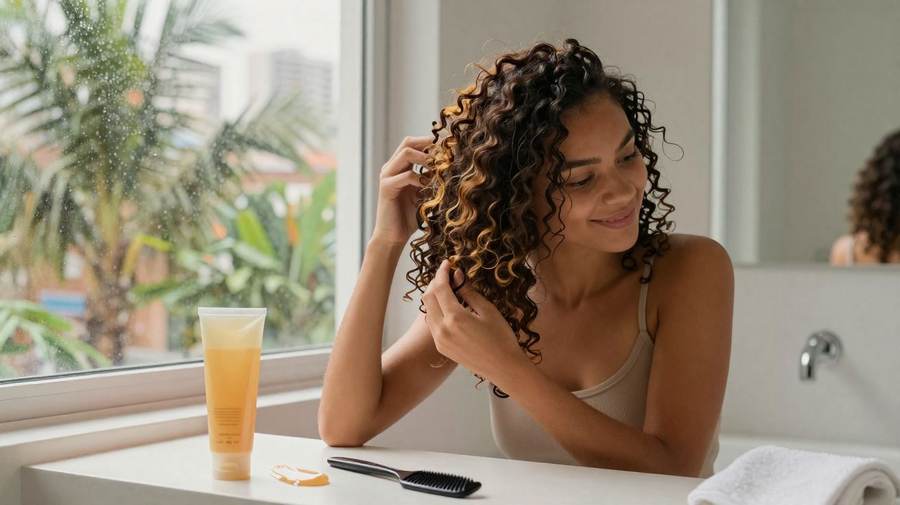 Mulher sorrindo cuidando dos cabelos cacheados em banheiro com janela e produtos sobre a bancada.