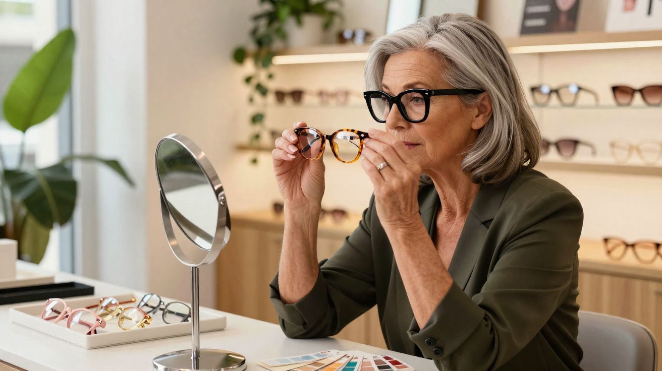 Mulher madura provando óculos em loja, segurando modelo marrom diante de espelho circular.