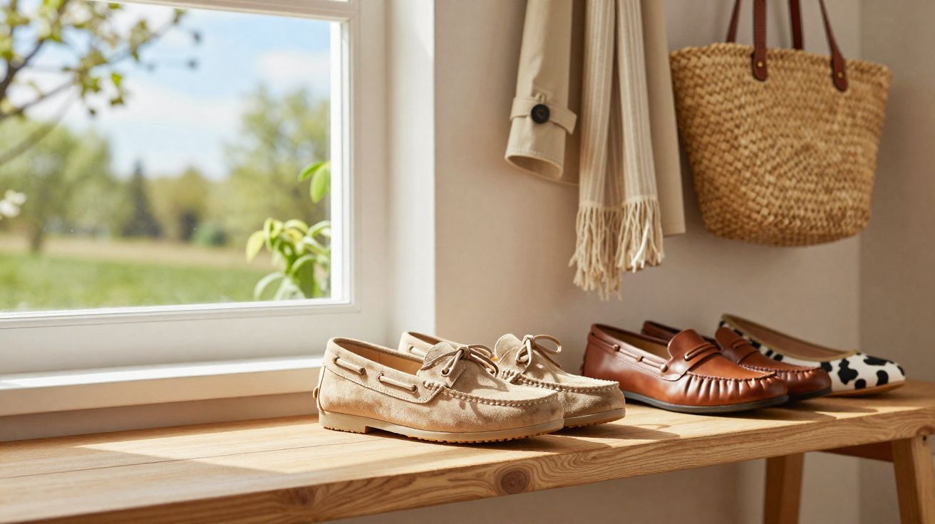 Sapatos e bolsa organizados em banco de madeira sob janela com luz natural entrando.