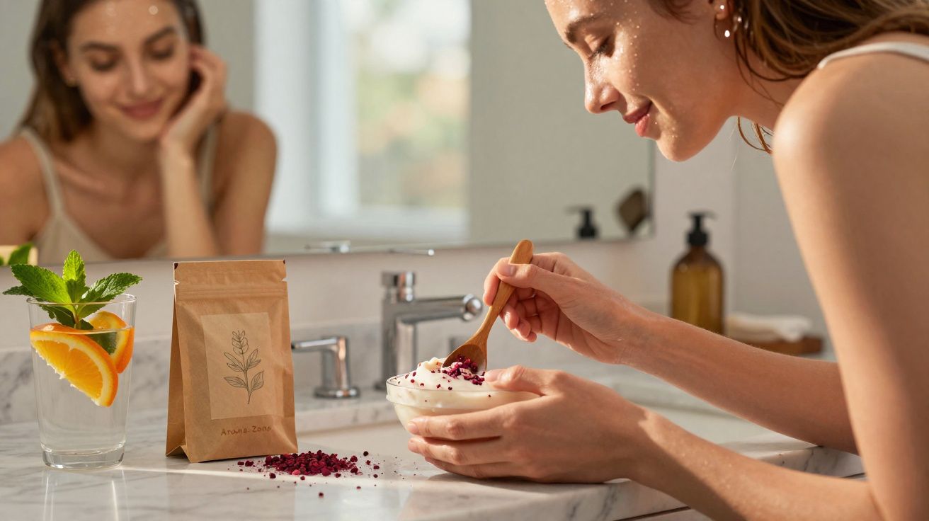 Mulher sorrindo se preparando para comer iogurte com frutas em banheiro claro e moderno.