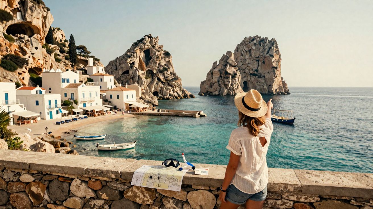 Mulher de chapéu observa e aponta para formações rochosas e mar azul em vila costeira ensolarada.