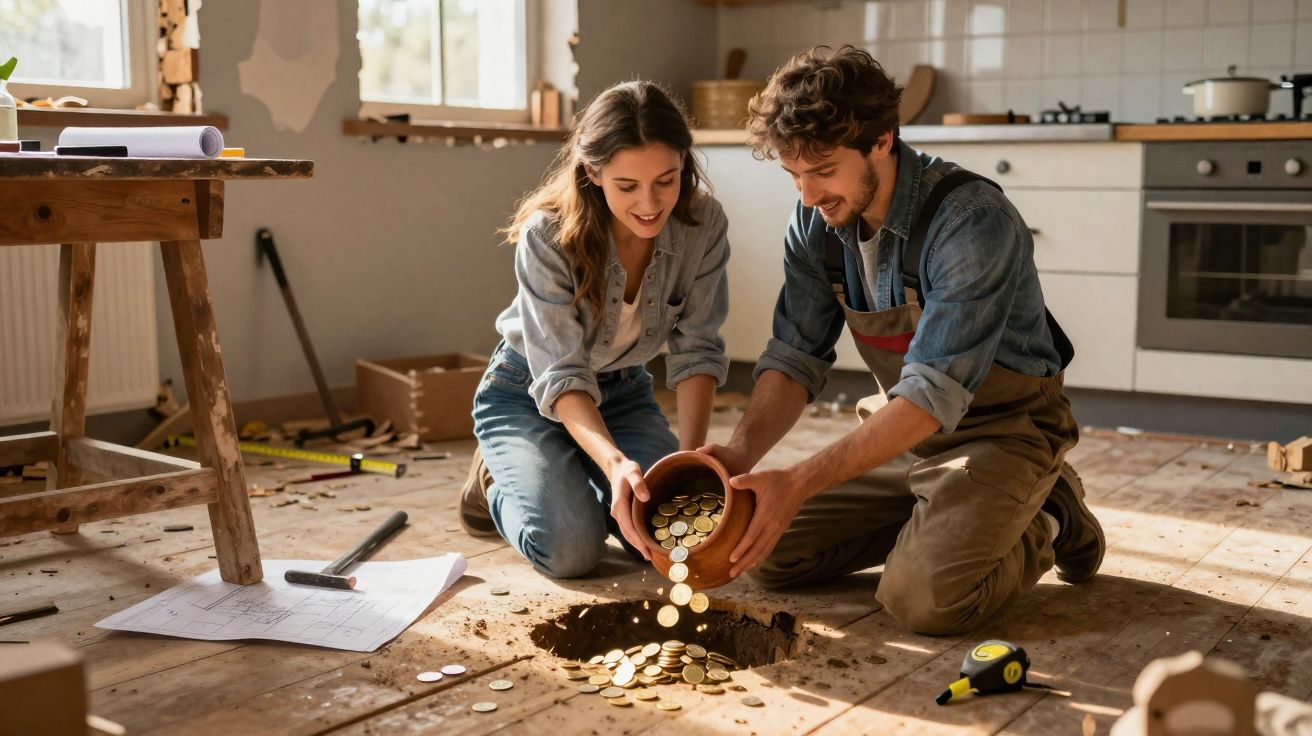 Casal feliz despejando moedas em um buraco no chão de uma casa em reforma.