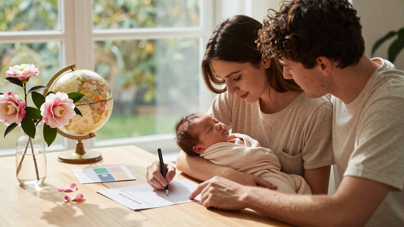 Casal com bebê no colo assinando documentos em mesa com flores e globo ao fundo.