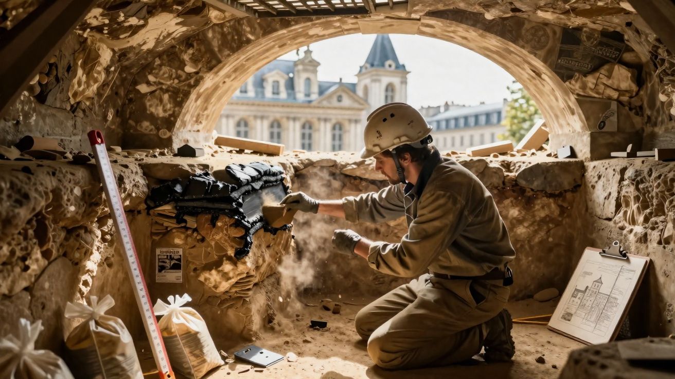 Arqueólogo trabalhando em escavação com capacete e ferramentas, edifício histórico ao fundo.