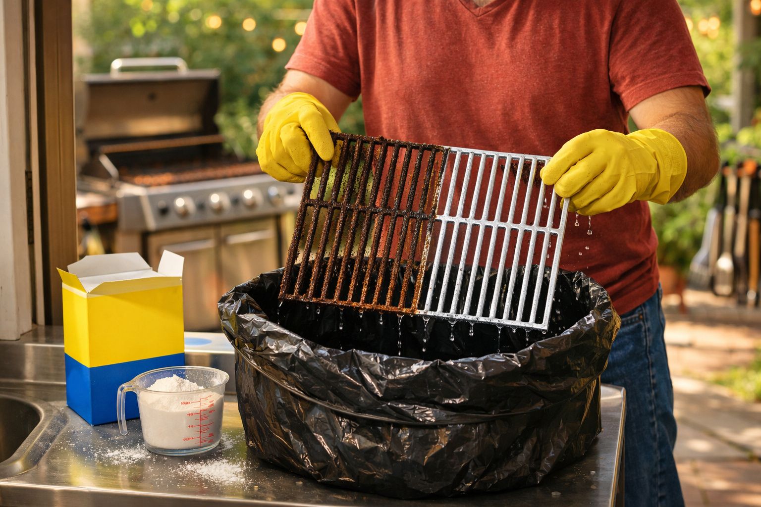 Pessoa com luvas amarelas limpando grade de churrasqueira enferrujada sobre saco de lixo preto.