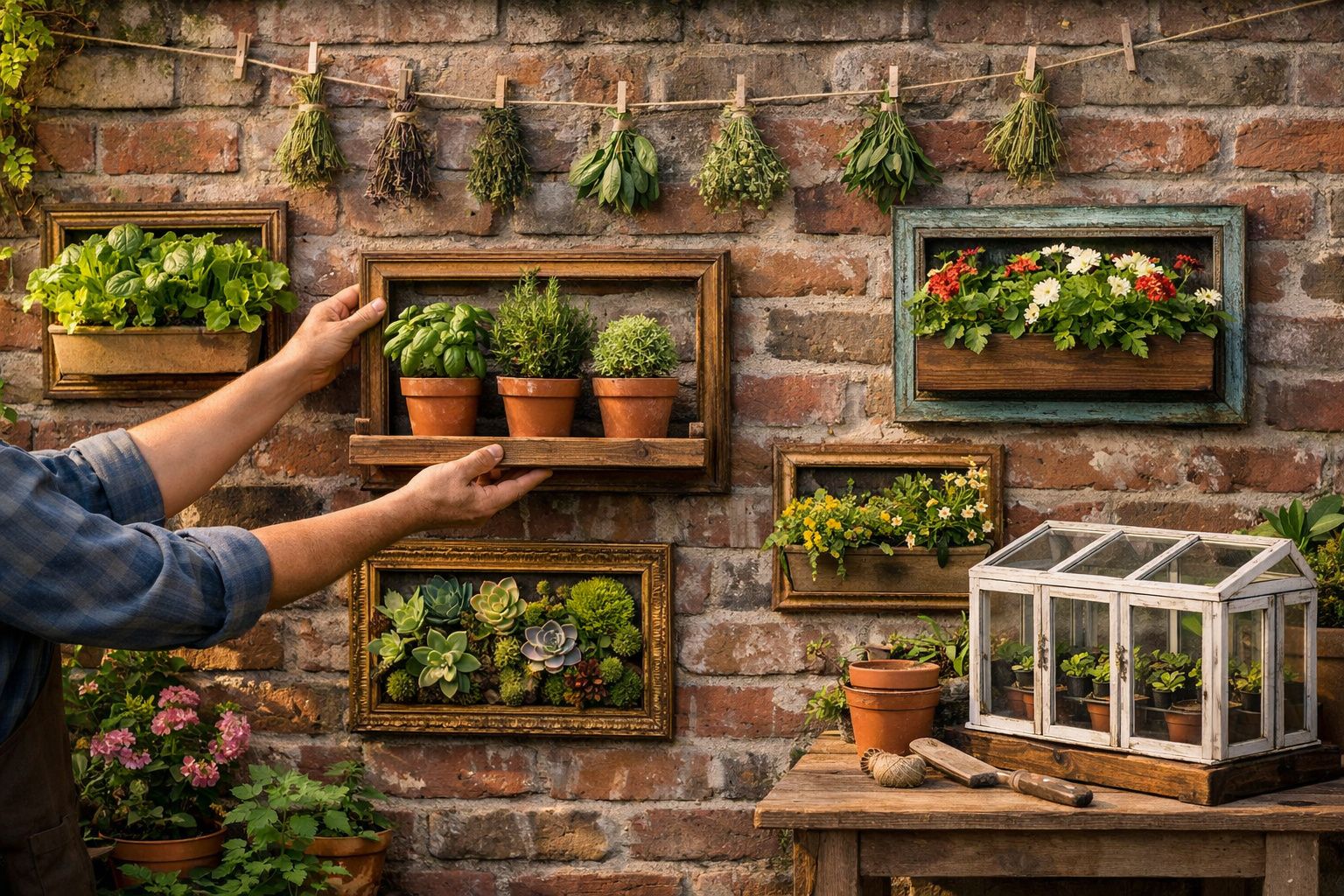 Mãos ajustando vasos de plantas em molduras na parede de tijolos com ervas secas penduradas acima.