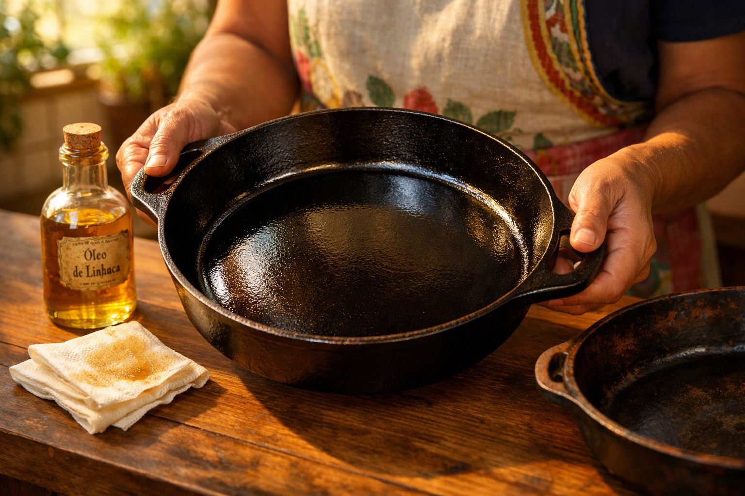 Pessoa segurando uma frigideira de ferro, ao lado óleo de linhaça e pano em cima de mesa de madeira.