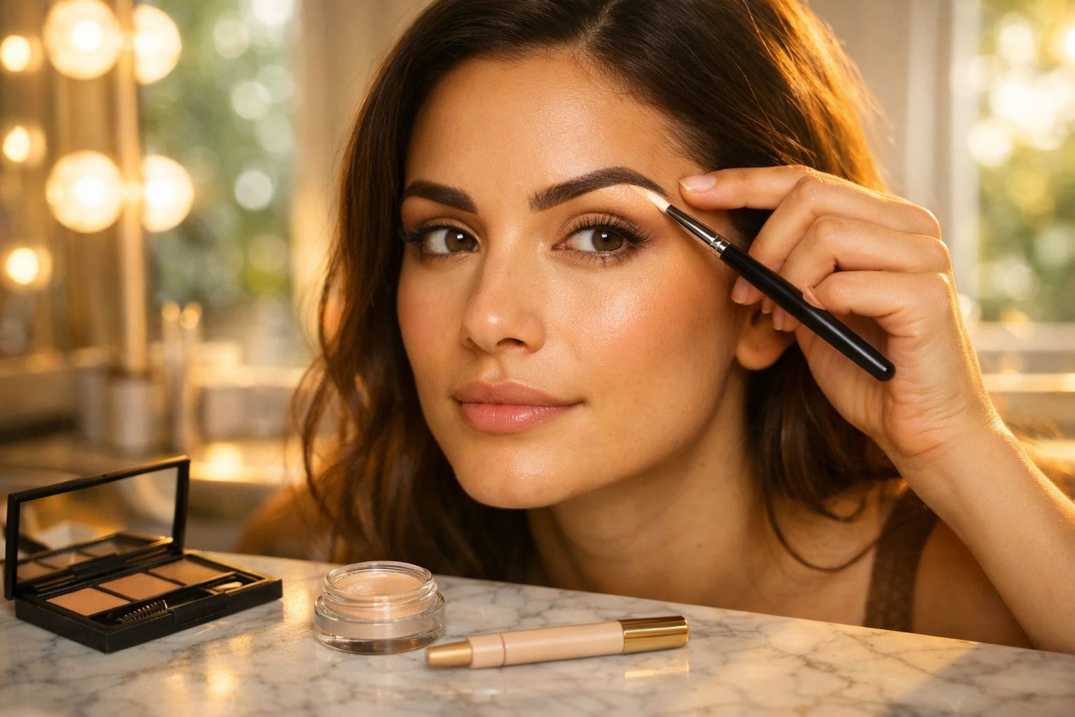 Mulher aplicando maquiagem nas sobrancelhas com pincel, ao lado de produtos de beleza sobre mesa.